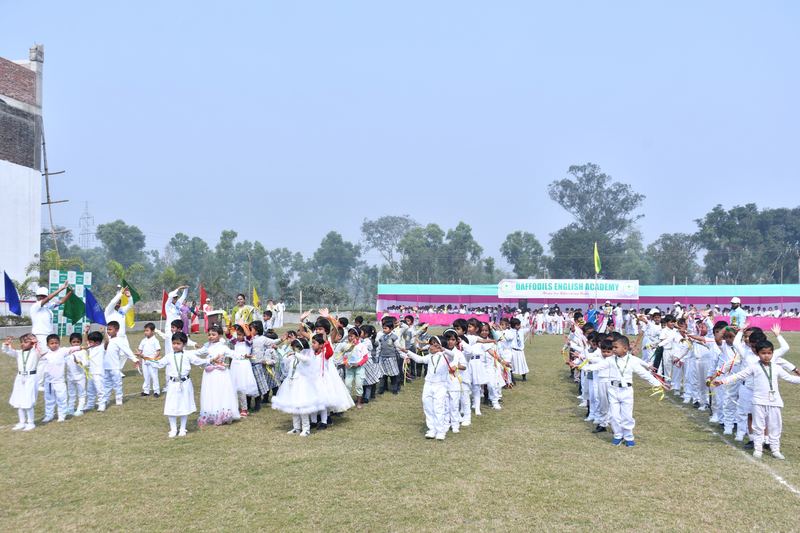 Mass drill by young students on sports day